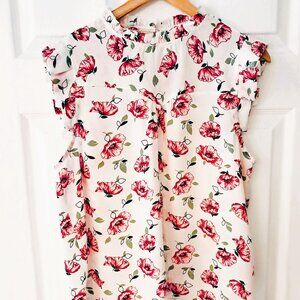 Monteau Los Angeles Women's red and white floral top with ruffle sleeves | Large